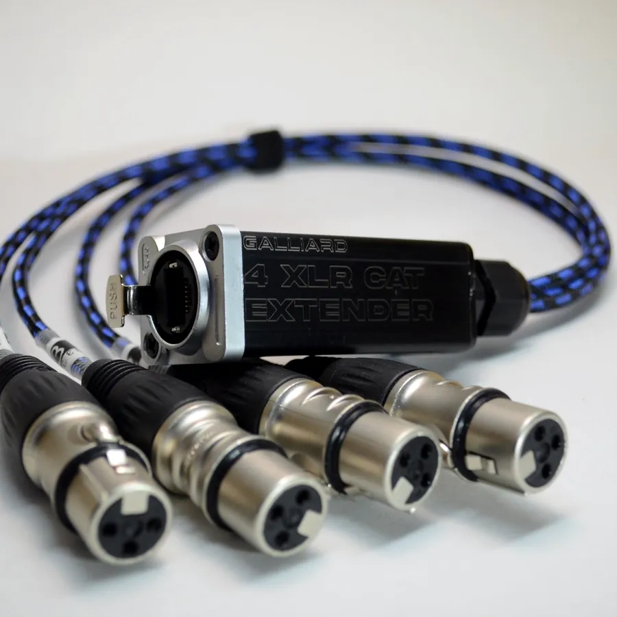 CAT-XLR Extender: módulo de aluminio con cuatro conectores XLR hembra y malla trenzada azul
